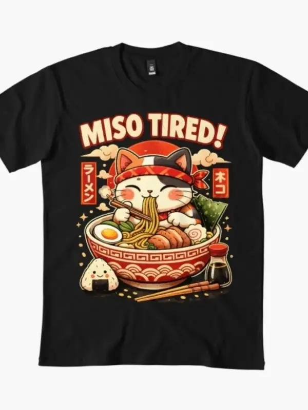 Miso Tired Ramen Erkek Kadın Tişörtü %100 Pamuklu Tişörtler Kısa Kollu Üstler 0102-3