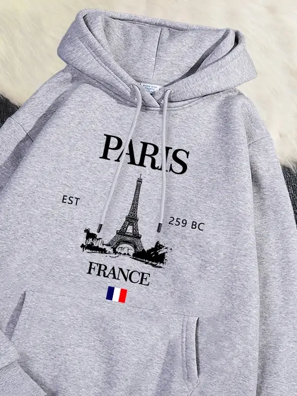 Moda bayan Hoodies Paris fransa eyfel kulesi baskı kazak cep yumuşak sıcak nefes kazak sonbah