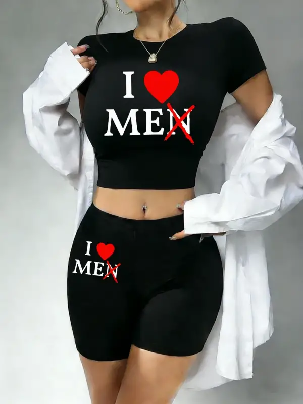 Moda Erkekleri Sevmiyorum Baskılı Babby TeeTişört ve Şort Kadın İki Parça Takım Üstler Pantolonla