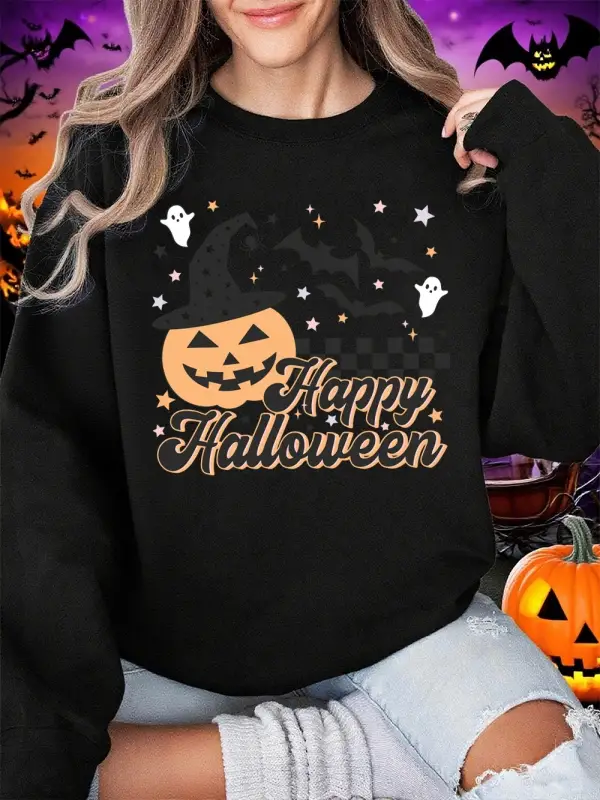 Mutlu Cadılar Bayramı Baskı Tişörtü Kadın Kış Polar Sıcak Hoodies Crewneck Gevşek Kazak Temel