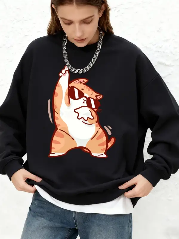 Mutlu Dans Eden Kedi Baskılı Kapüşonlu Üst Bayanlar İçin Basit Uzun Kollu Yuvarlak Yaka Sweat