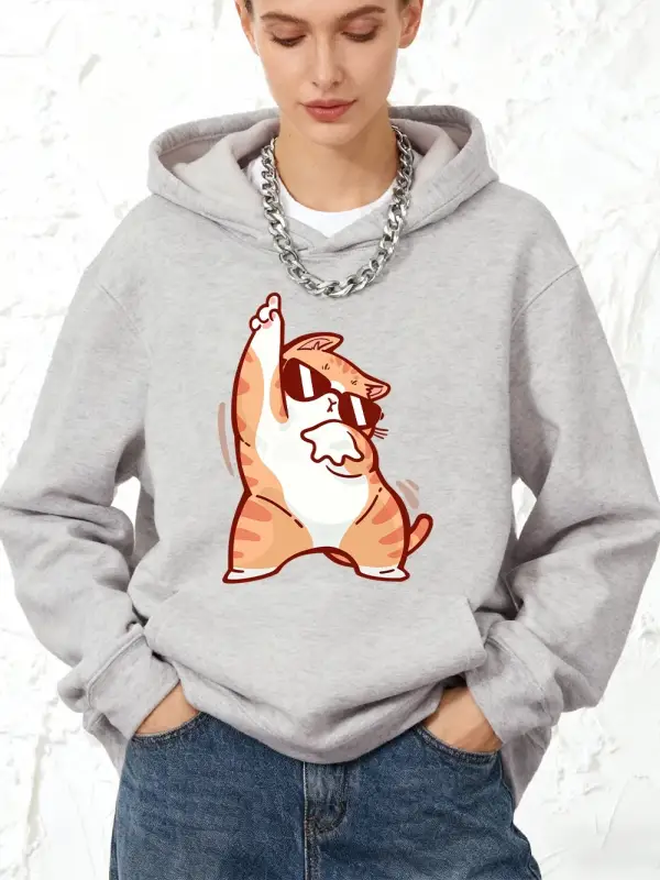 Mutlu Dans Eden Kedi Baskılı Kapüşonlu Üstler Pamuklu Kadın Kışlık Polar Sıcak Sweatshirt Koş