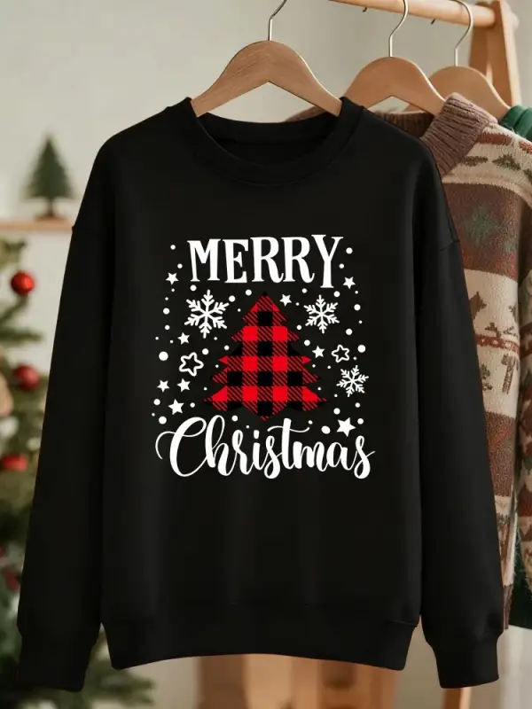 Mutlu Noeller Kırmızı Izgara Ağacı Baskılı Sweatshirt Kadınlar İçin Bol Rahat Kapüşonlu Polar