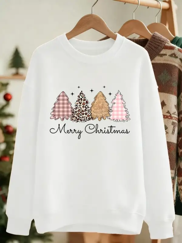 Mutlu Noeller Leopar Ağacı Baskılı Sweatshirt Kadınlar Yuvarlak Yaka Sportif Kapüşonlu Bol Po