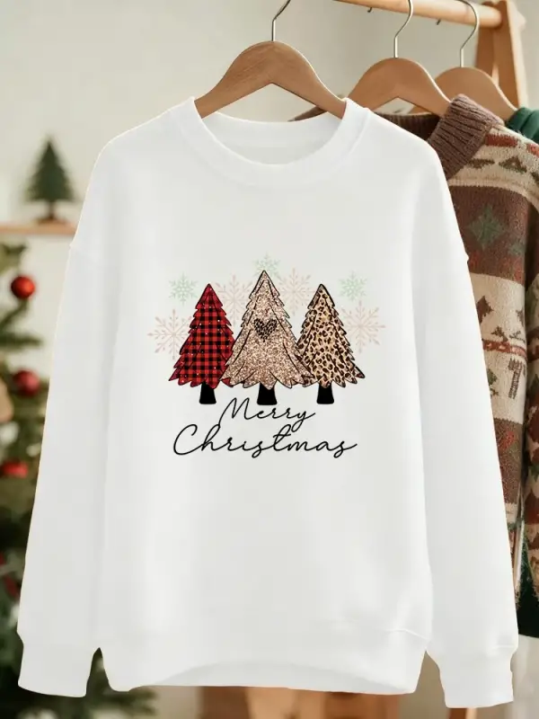 Mutlu Noeller Leopar Ekose Ağaçlar Baskılar Tişörtü Kadın Kış Polar Hoodie Bisiklet Yaka Gevş