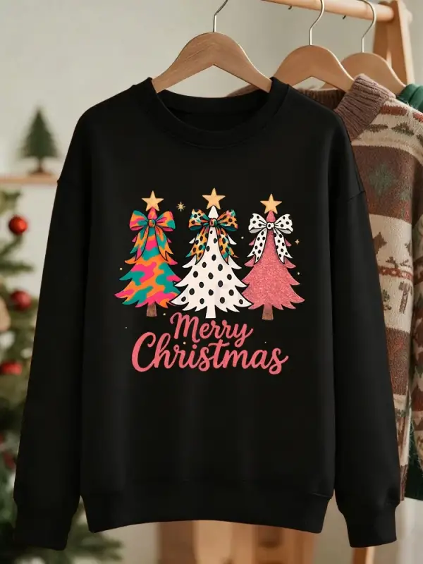 Mutlu Noeller Renkli Yay Ağaçlar Baskılar Kazak Kadın Crewneck Rahat Hoodie Gevşek Polar Sıca