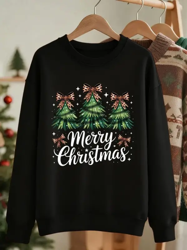 Mutlu Noeller Yay Ağaçları Baskılı Tişörtü Kadın Gevşek Temel Hoodie Polar Sıcak Bisiklet Yak