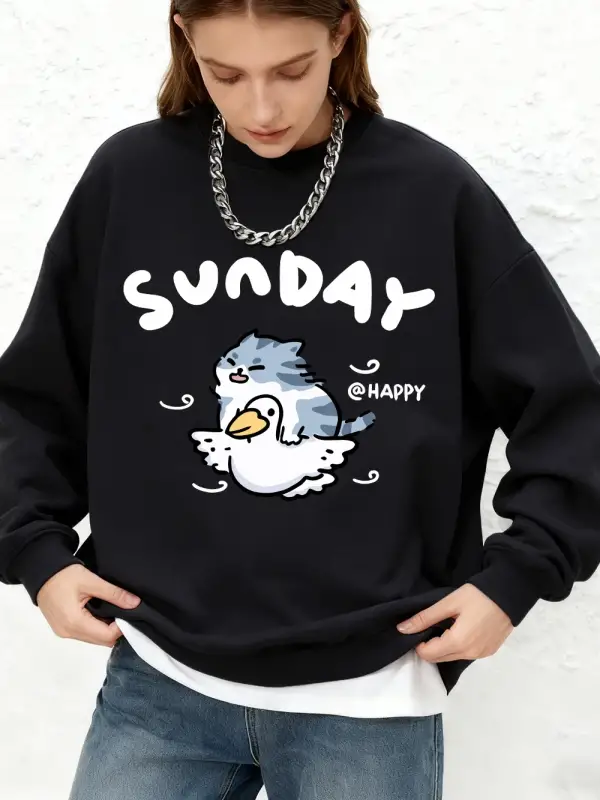 Mutlu Pazar Kedi Ördek Baskı Tişörtü Bayan Sonbahar Büyük Boy Jogger Kapüşonlular Temel Uzun