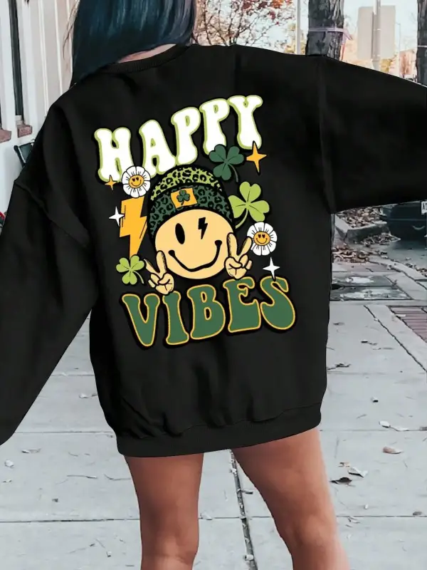Mutlu Vibes baskı kadın tişörtü Harajuku büyük boy kazak moda sokak giyim gevşek Crewneck boy