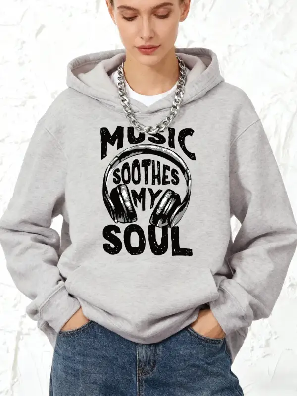 Müzik Ruhumu Yatıştırır Baskılı Pamuklu Kapüşonlu Üst Kadın Kışlık Polar Sıcak Kazak Cepli Jo