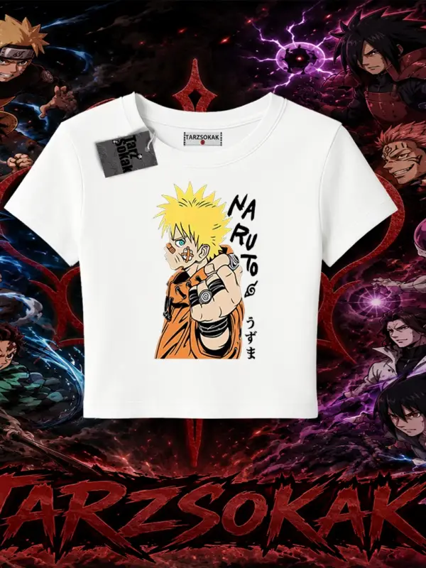Naruto Uzumaki Premium Anime Kadın Baby Tee Beyaz