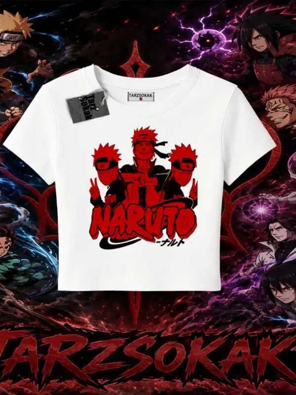 Naruto Uzumaki Premium Anime Kadın Baby Tee Beyaz