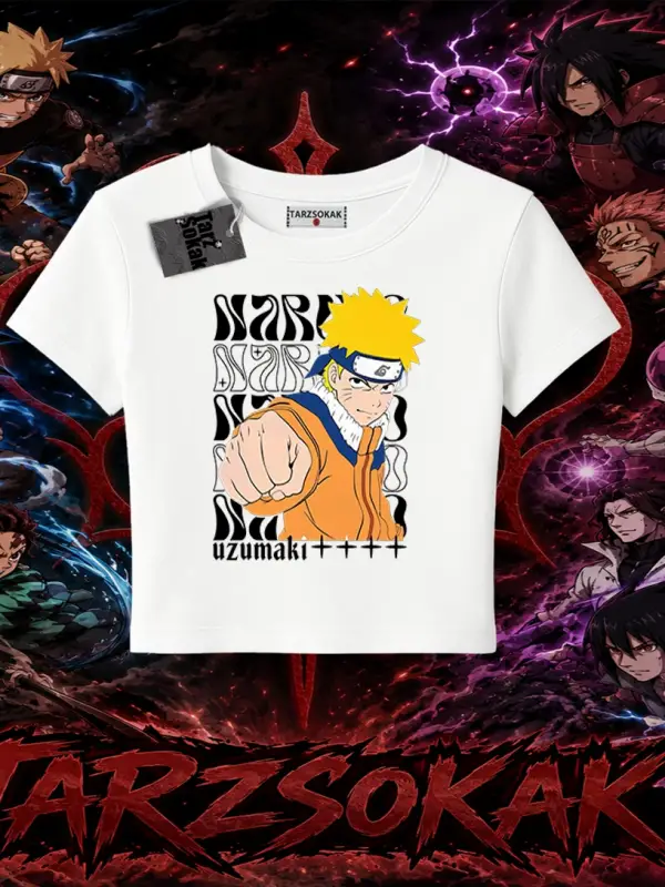 Naruto Uzumaki Premium Anime Kadın Baby Tee Beyaz