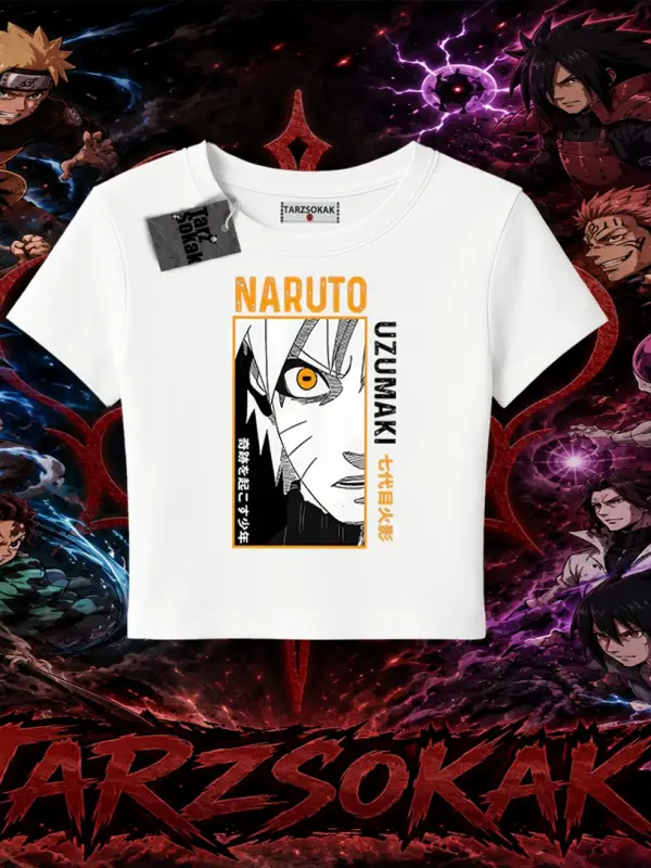 Naruto Uzumaki Premium Anime Kadın Baby Tee Beyaz
