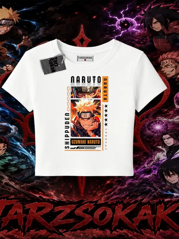 Naruto Uzumaki Premium Anime Kadın Baby Tee Beyaz