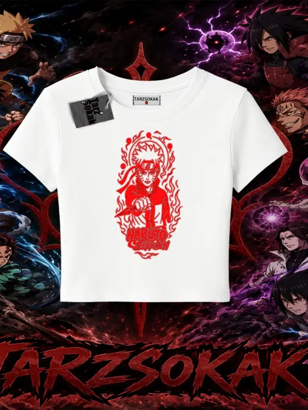 Naruto Uzumaki Premium Anime Kadın Baby Tee Beyaz