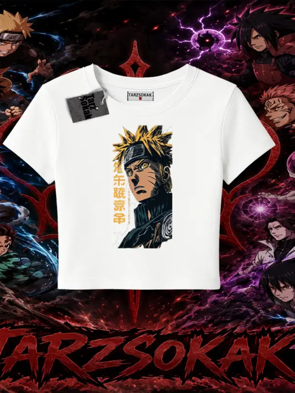 Naruto Uzumaki Premium Anime Kadın Baby Tee Beyaz