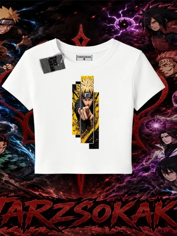 Naruto Uzumaki Premium Anime Kadın Baby Tee Beyaz