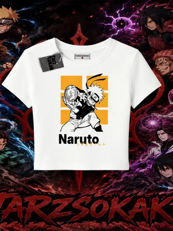 Naruto Uzumaki Premium Anime Kadın Baby Tee Beyaz