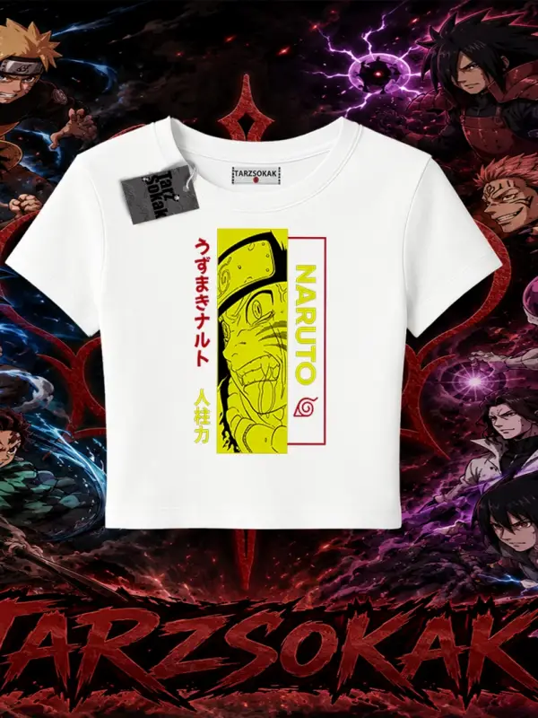 Naruto Uzumaki Premium Anime Kadın Baby Tee Beyaz