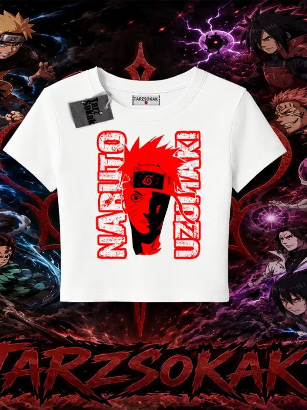 Naruto Uzumaki Premium Anime Kadın Baby Tee Beyaz
