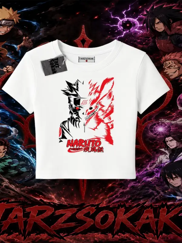 Naruto Uzumaki Premium Anime Kadın Baby Tee Beyaz