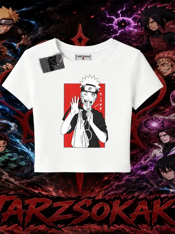 Naruto Uzumaki Premium Anime Kadın Baby Tee Beyaz