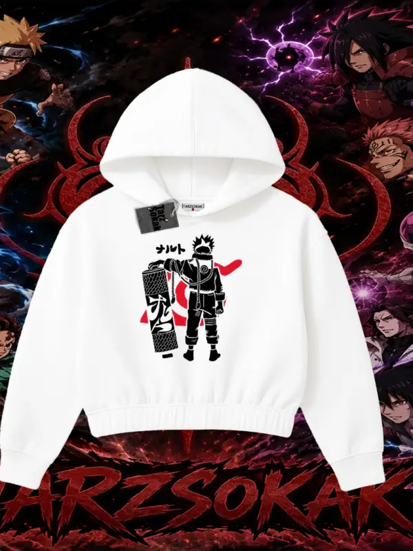 Naruto Uzumaki Premium Anime Kadın Crop Kapşonlu Sweatshirt Beyaz