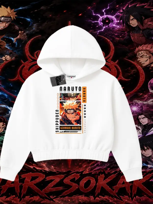 Naruto Uzumaki Premium Anime Kadın Crop Kapşonlu Sweatshirt Beyaz