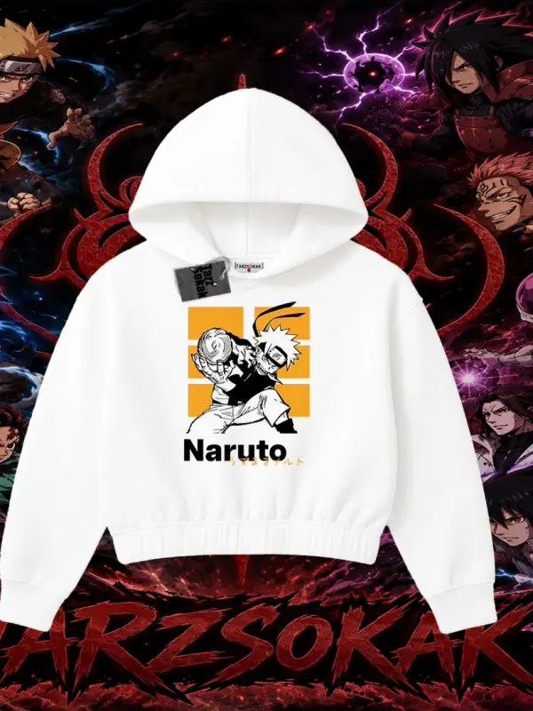 Naruto Uzumaki Premium Anime Kadın Crop Kapşonlu Sweatshirt Beyaz