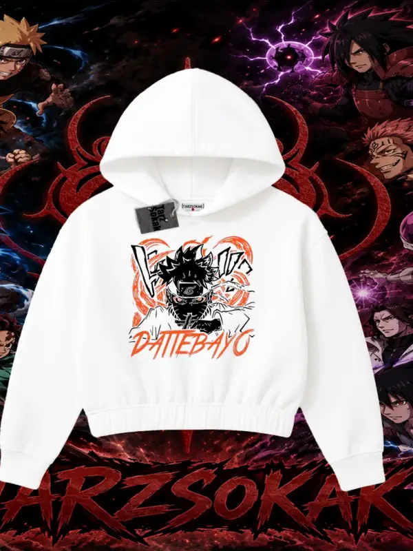 Naruto Uzumaki Premium Anime Kadın Crop Kapşonlu Sweatshirt Beyaz