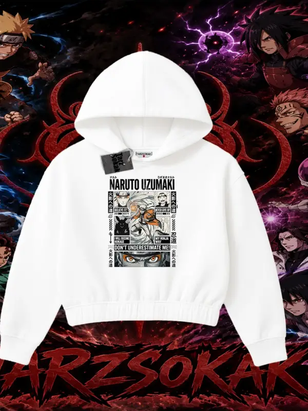 Naruto Uzumaki Premium Anime Kadın Crop Kapşonlu Sweatshirt Beyaz