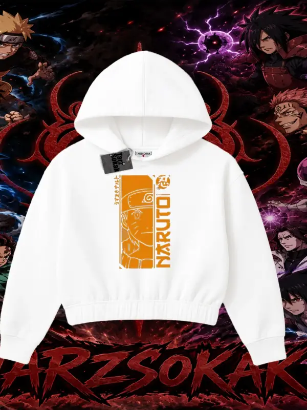 Naruto Uzumaki Premium Anime Kadın Crop Kapşonlu Sweatshirt Beyaz
