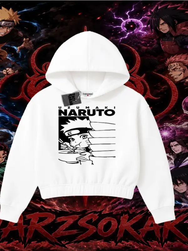 Naruto Uzumaki Premium Anime Kadın Crop Kapşonlu Sweatshirt Beyaz
