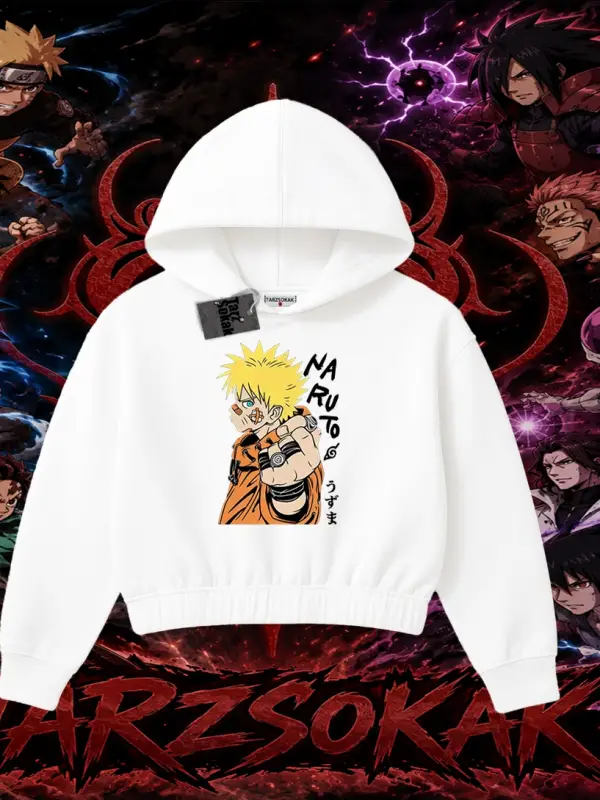Naruto Uzumaki Premium Anime Kadın Crop Kapşonlu Sweatshirt Beyaz
