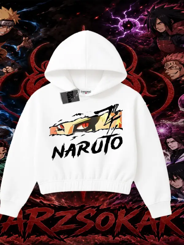 Naruto Uzumaki Premium Anime Kadın Crop Kapşonlu Sweatshirt Beyaz