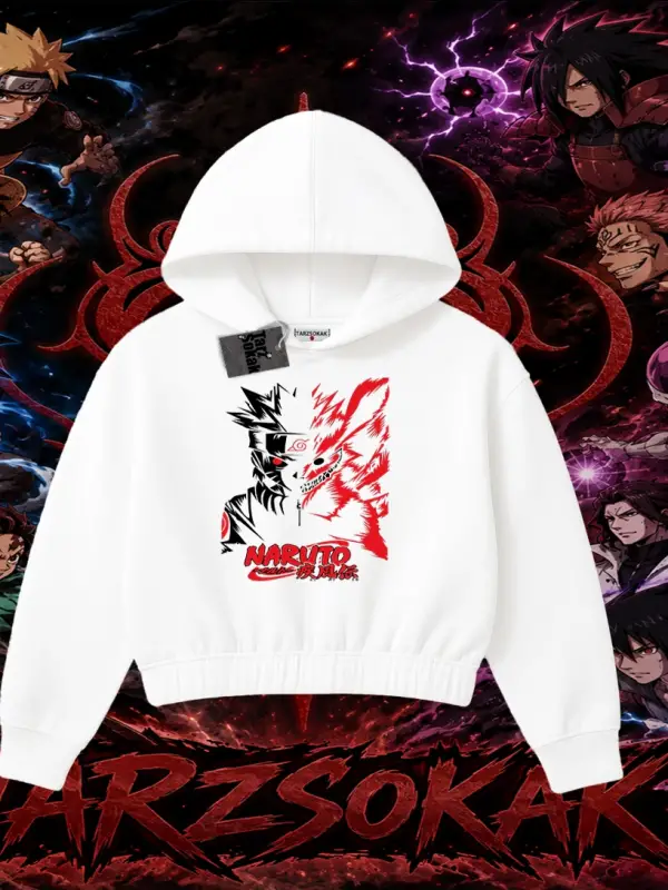 Naruto Uzumaki Premium Anime Kadın Crop Kapşonlu Sweatshirt Beyaz