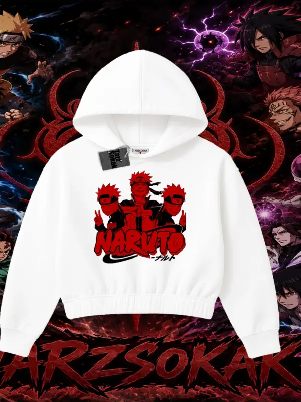 Naruto Uzumaki Premium Anime Kadın Crop Kapşonlu Sweatshirt Beyaz