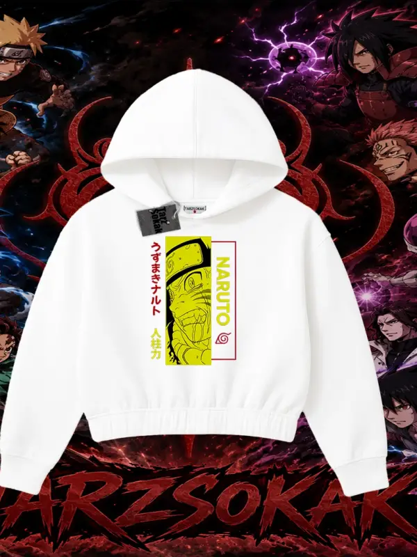 Naruto Uzumaki Premium Anime Kadın Crop Kapşonlu Sweatshirt Beyaz