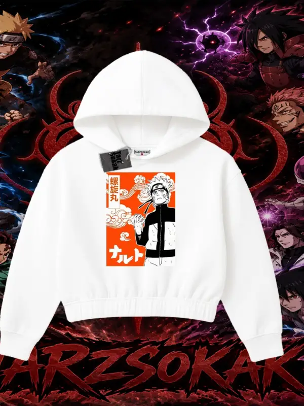 Naruto Uzumaki Premium Anime Kadın Crop Kapşonlu Sweatshirt Beyaz