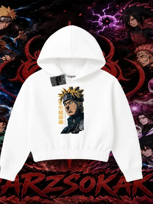 Naruto Uzumaki Premium Anime Kadın Crop Kapşonlu Sweatshirt Beyaz