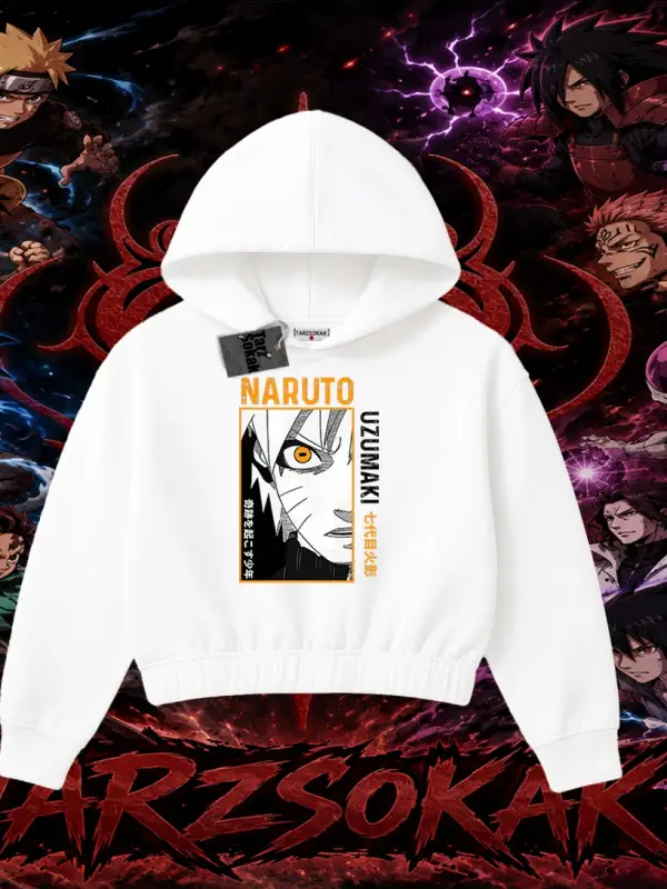 Naruto Uzumaki Premium Anime Kadın Crop Kapşonlu Sweatshirt Beyaz