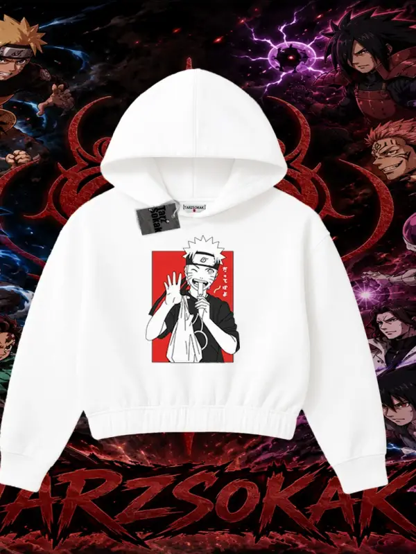 Naruto Uzumaki Premium Anime Kadın Crop Kapşonlu Sweatshirt Beyaz