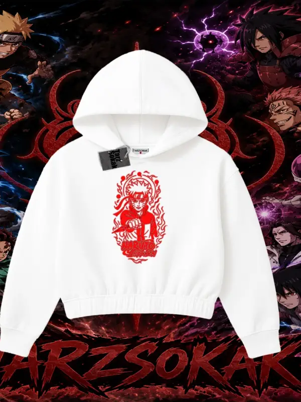 Naruto Uzumaki Premium Anime Kadın Crop Kapşonlu Sweatshirt Beyaz