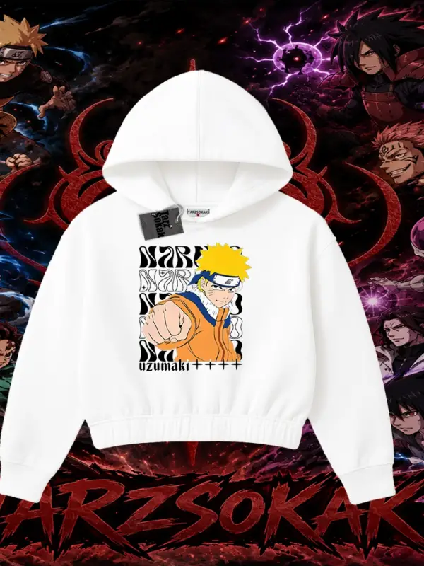 Naruto Uzumaki Premium Anime Kadın Crop Kapşonlu Sweatshirt Beyaz
