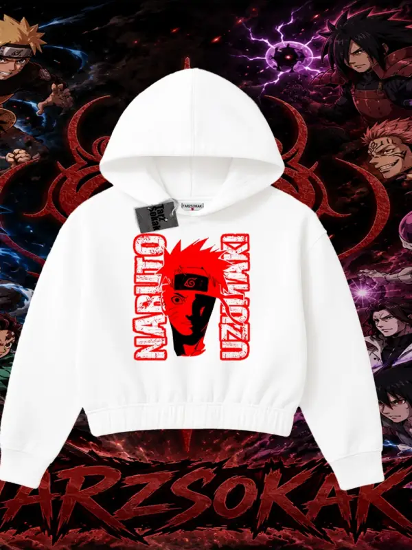Naruto Uzumaki Premium Anime Kadın Crop Kapşonlu Sweatshirt Beyaz