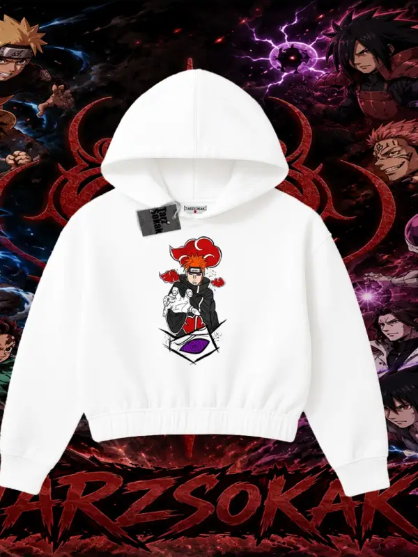 Naruto Uzumaki Premium Anime Kadın Crop Kapşonlu Sweatshirt Beyaz