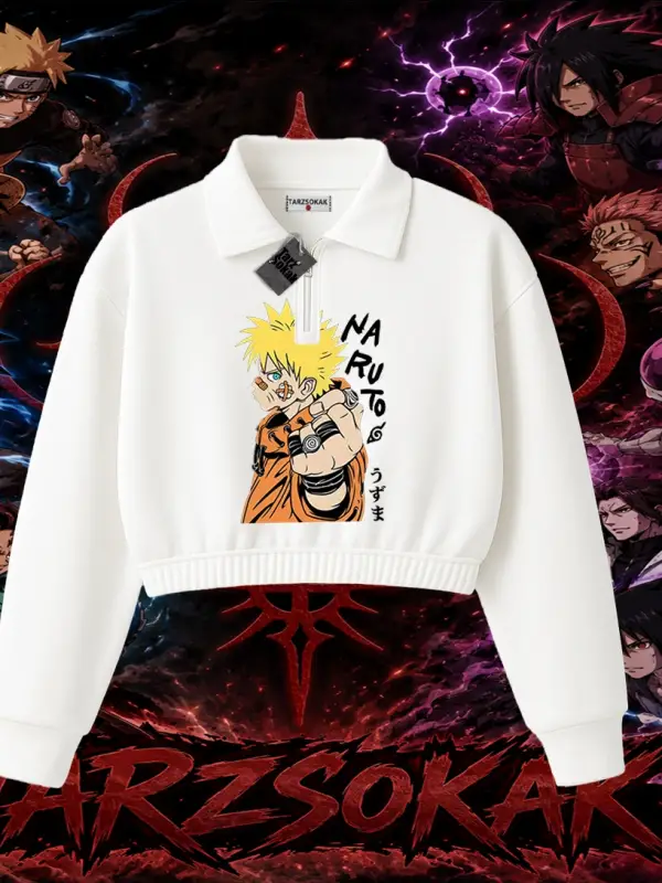 Naruto Uzumaki Premium Anime Kadın Crop Polo Yaka Yarım Fermuarlı Sweatshirt Beyaz