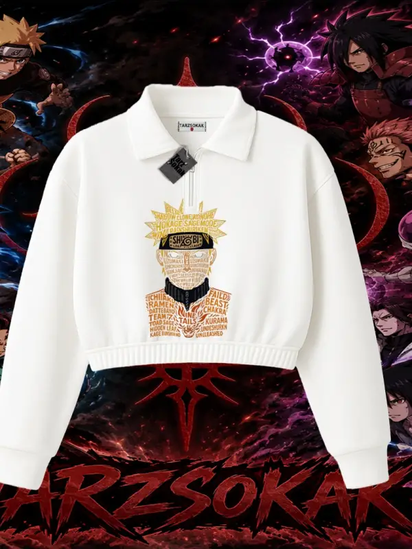 Naruto Uzumaki Premium Anime Kadın Crop Polo Yaka Yarım Fermuarlı Sweatshirt Beyaz