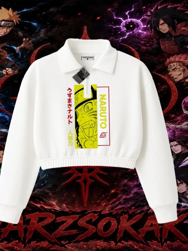 Naruto Uzumaki Premium Anime Kadın Crop Polo Yaka Yarım Fermuarlı Sweatshirt Beyaz